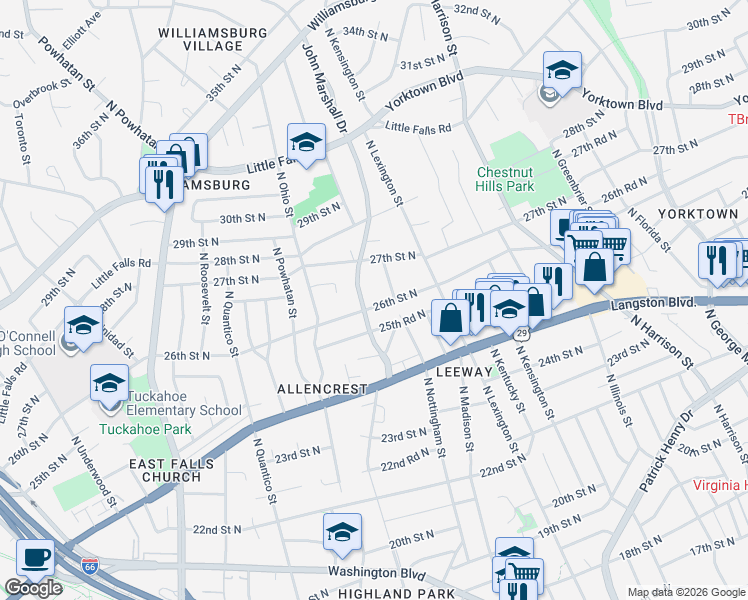 map of restaurants, bars, coffee shops, grocery stores, and more near 5859 26th Street North in Arlington