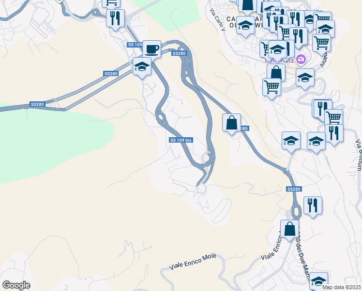 map of restaurants, bars, coffee shops, grocery stores, and more near Strada Statale 109bis in Catanzaro