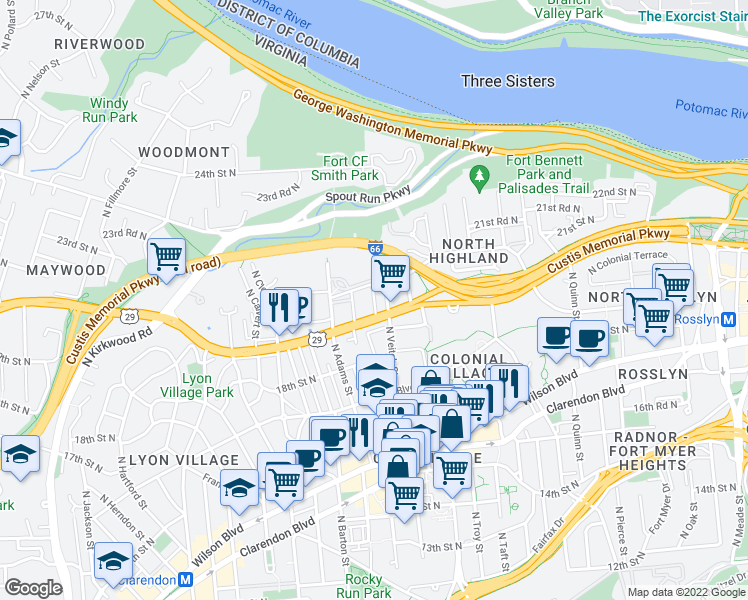 map of restaurants, bars, coffee shops, grocery stores, and more near North Vance Street in Arlington