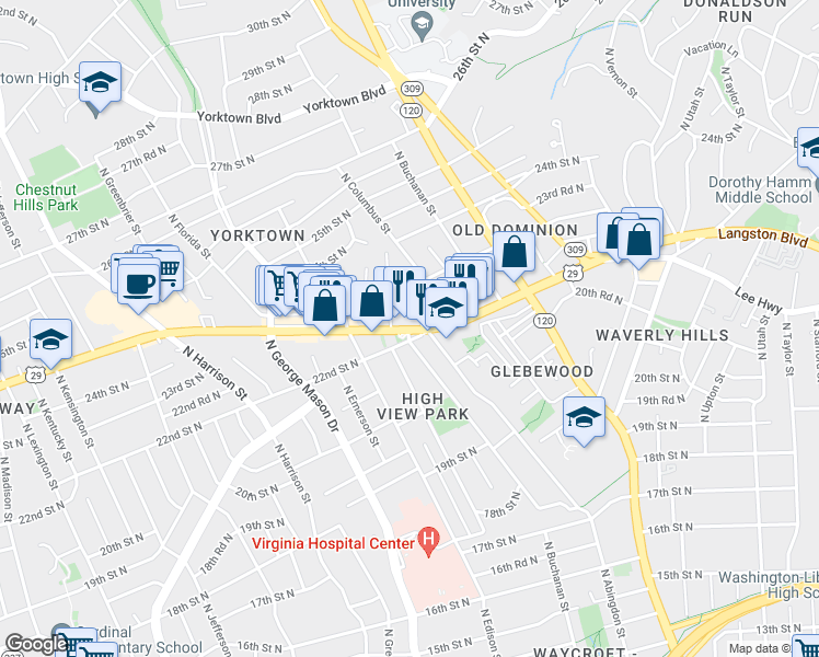 map of restaurants, bars, coffee shops, grocery stores, and more near Lee Hwy & N Cameron St in Arlington