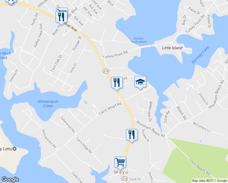map of restaurants, bars, coffee shops, grocery stores, and more near 1143 Mayo Rd in Edgewater
