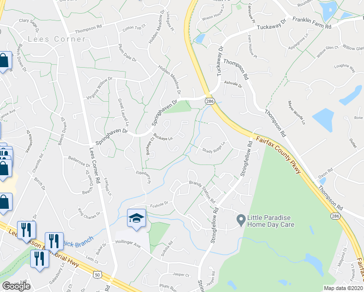 map of restaurants, bars, coffee shops, grocery stores, and more near 3757 Broomsedge Court in Fairfax