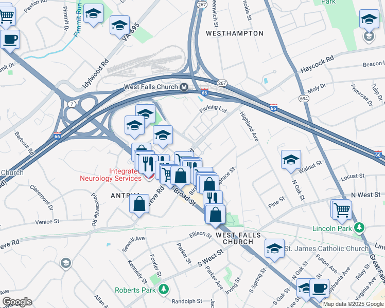 map of restaurants, bars, coffee shops, grocery stores, and more near 120 Haycock Road in Falls Church