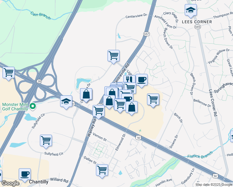 map of restaurants, bars, coffee shops, grocery stores, and more near 13990 Metrotech Drive in Chantilly
