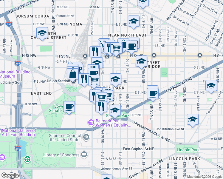 map of restaurants, bars, coffee shops, grocery stores, and more near 101 Independence Avenue Southeast in Washington