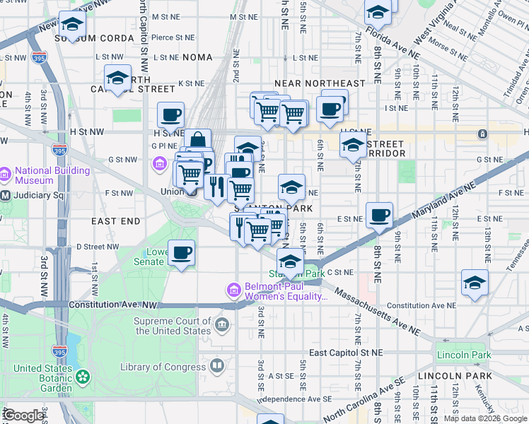 map of restaurants, bars, coffee shops, grocery stores, and more near 101 Independence Avenue Southeast in Washington