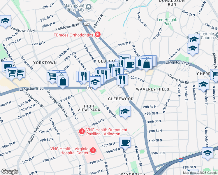 map of restaurants, bars, coffee shops, grocery stores, and more near 2161 North Brandywine Street in Arlington