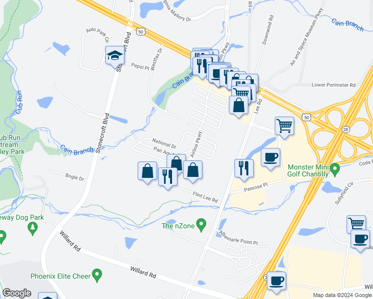 map of restaurants, bars, coffee shops, grocery stores, and more near 14606 Pan Am Avenue in Chantilly