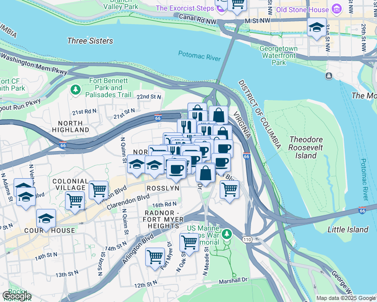 map of restaurants, bars, coffee shops, grocery stores, and more near 1191 Key Boulevard in Arlington