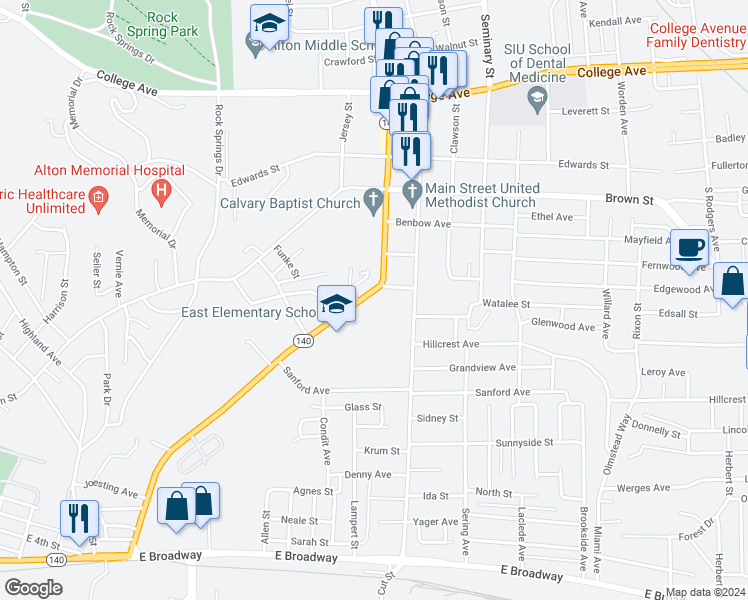 map of restaurants, bars, coffee shops, grocery stores, and more near 1103 Washington Avenue in Alton
