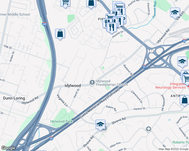 map of restaurants, bars, coffee shops, grocery stores, and more near 2333 Brittany Parc Drive in Falls Church