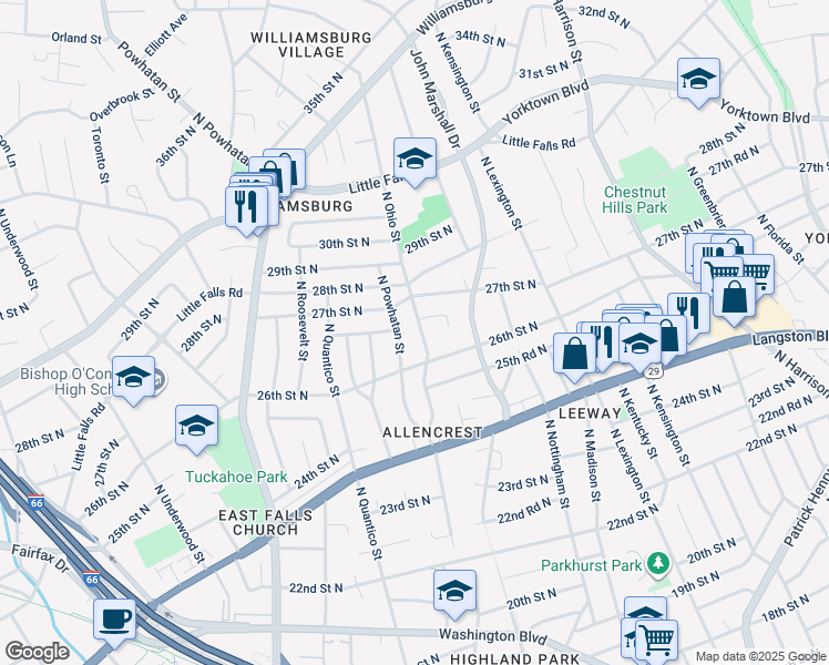 map of restaurants, bars, coffee shops, grocery stores, and more near 2624 North Ohio Street in Arlington