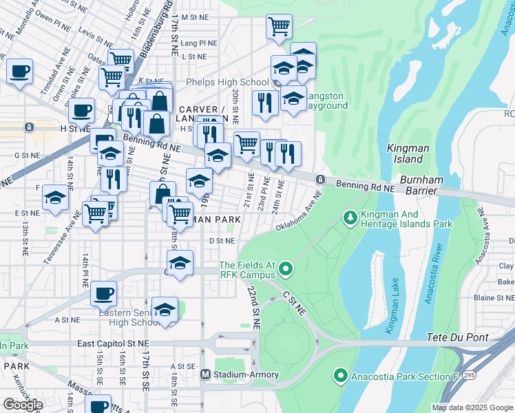 map of restaurants, bars, coffee shops, grocery stores, and more near 508 23rd Place Northeast in Washington