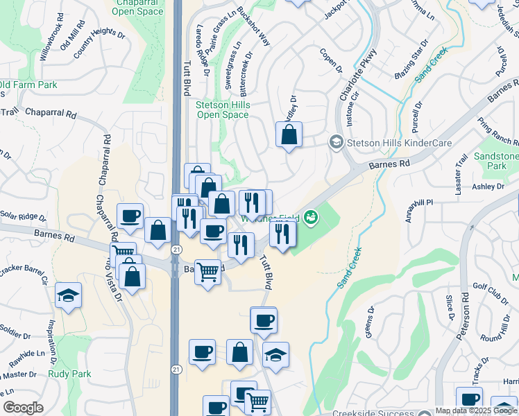 map of restaurants, bars, coffee shops, grocery stores, and more near 6225 Mustang Meadow Point in Colorado Springs