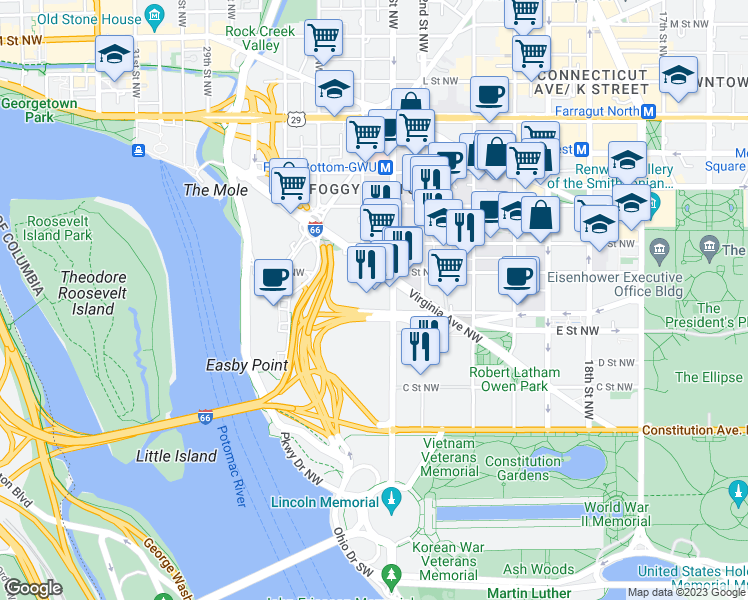 map of restaurants, bars, coffee shops, grocery stores, and more near 506 23rd Street Northwest in Washington