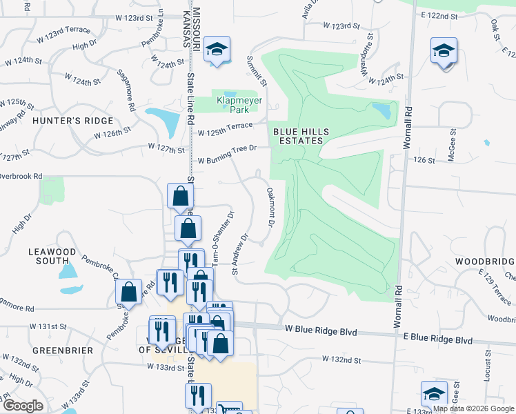 map of restaurants, bars, coffee shops, grocery stores, and more near 12729 Saint Andrew Drive in Kansas City