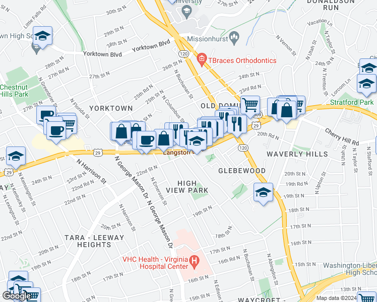 map of restaurants, bars, coffee shops, grocery stores, and more near Lee Hwy & N Culpeper St in Arlington