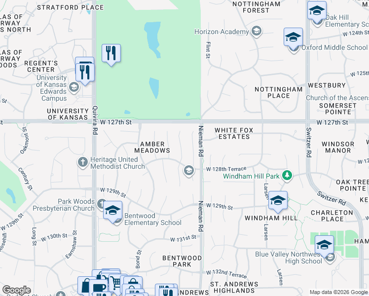 map of restaurants, bars, coffee shops, grocery stores, and more near 12805 King St in Overland Park