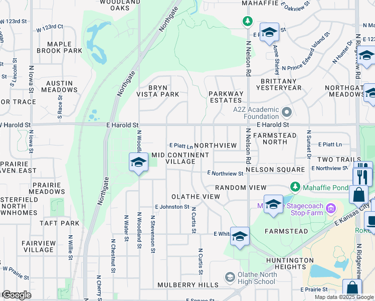 map of restaurants, bars, coffee shops, grocery stores, and more near 613 East Piatt Lane in Olathe