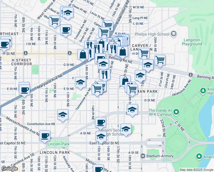 map of restaurants, bars, coffee shops, grocery stores, and more near 444 16th Street Northeast in Washington