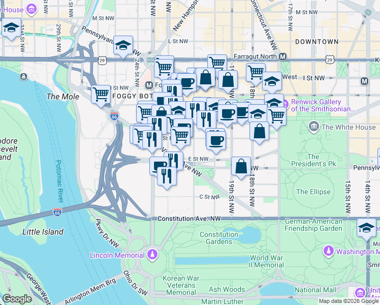 map of restaurants, bars, coffee shops, grocery stores, and more near 510 21st Street Northwest in Washington