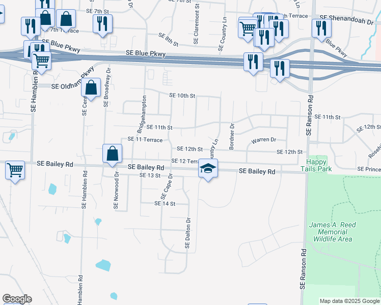 map of restaurants, bars, coffee shops, grocery stores, and more near 921 Southeast 12th Street in Lee's Summit