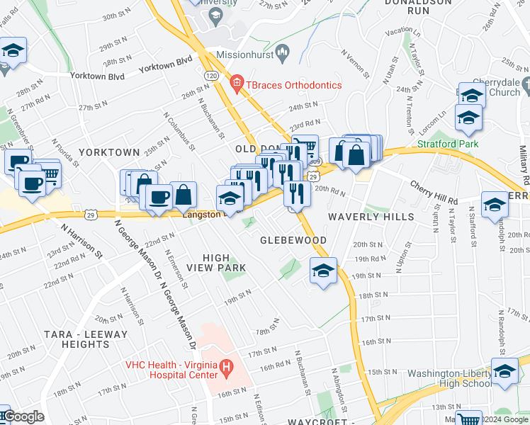 map of restaurants, bars, coffee shops, grocery stores, and more near 2161 North Brandywine Street in Arlington