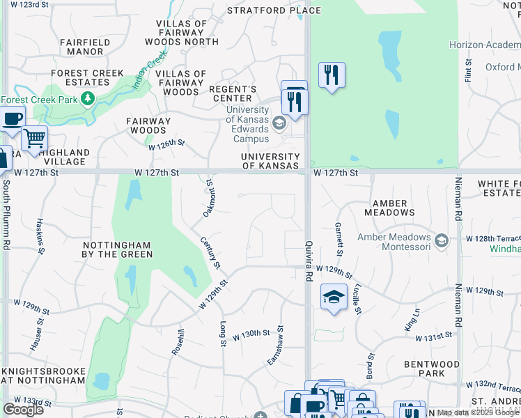 map of restaurants, bars, coffee shops, grocery stores, and more near 12800 Caenen Street in Overland Park