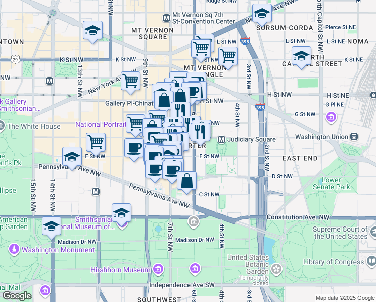 map of restaurants, bars, coffee shops, grocery stores, and more near 601 E Street Northwest in Washington