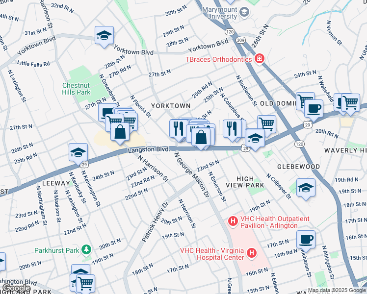 map of restaurants, bars, coffee shops, grocery stores, and more near 5173 Lee Highway in Arlington