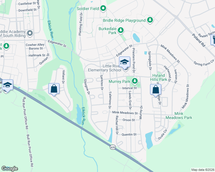 map of restaurants, bars, coffee shops, grocery stores, and more near 26033 Talamore Drive in Chantilly