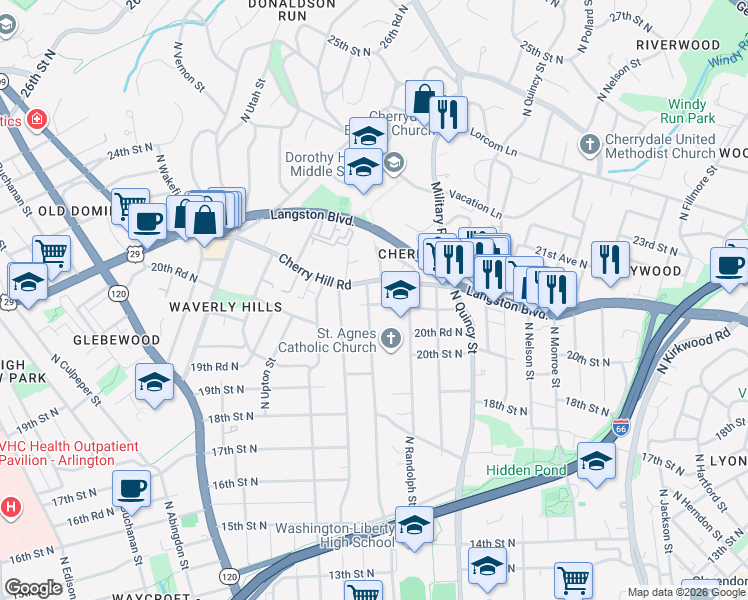 map of restaurants, bars, coffee shops, grocery stores, and more near 2101 North Stafford Street in Arlington