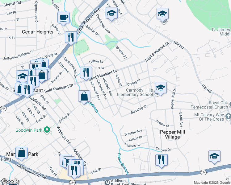 map of restaurants, bars, coffee shops, grocery stores, and more near 418 Carmody Hills Drive in Capitol Heights