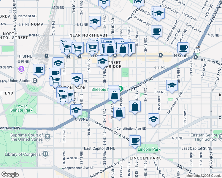 map of restaurants, bars, coffee shops, grocery stores, and more near 508 8th Street Northeast in Washington