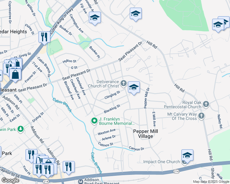 map of restaurants, bars, coffee shops, grocery stores, and more near 6708 Clinglog Street in Capitol Heights
