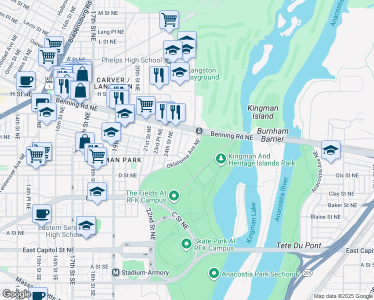 map of restaurants, bars, coffee shops, grocery stores, and more near 524 Oklahoma Avenue Northeast in Washington