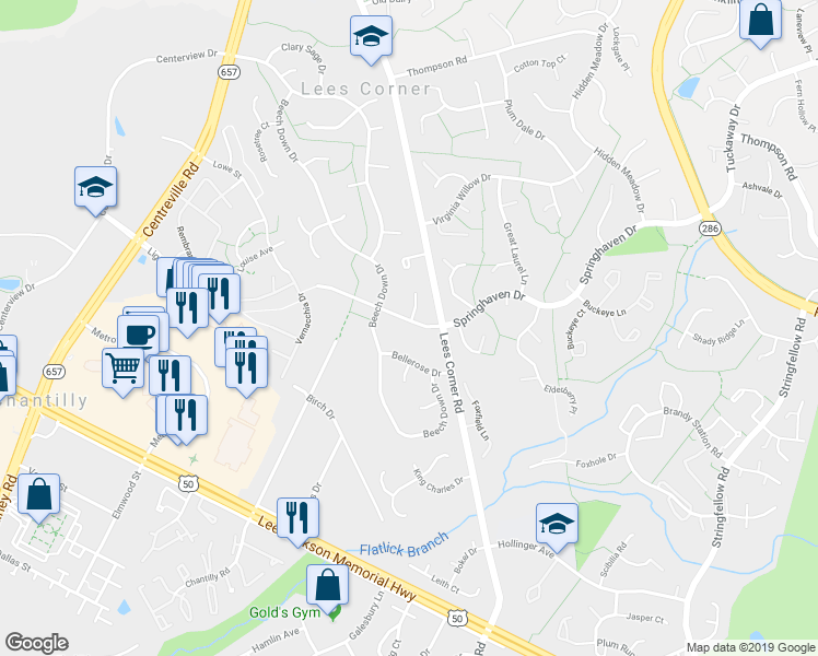 map of restaurants, bars, coffee shops, grocery stores, and more near 13609 Springhaven Dr in Chantilly