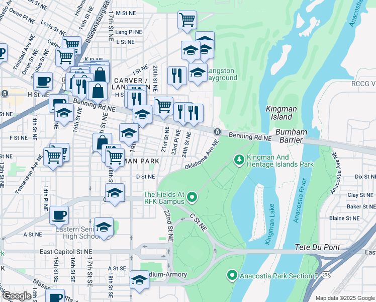 map of restaurants, bars, coffee shops, grocery stores, and more near 513 24th Street Northeast in Washington
