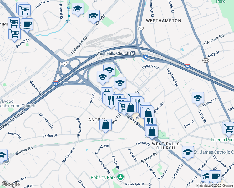 map of restaurants, bars, coffee shops, grocery stores, and more near 7124 Leesburg Pike in Falls Church