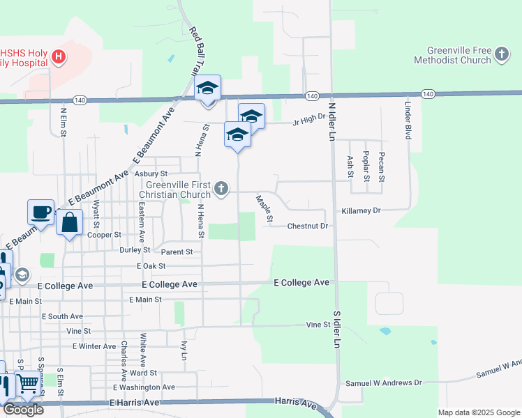 map of restaurants, bars, coffee shops, grocery stores, and more near 605 Maple Street in Greenville