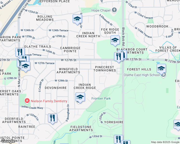 map of restaurants, bars, coffee shops, grocery stores, and more near 12805 South Seminole Drive in Olathe