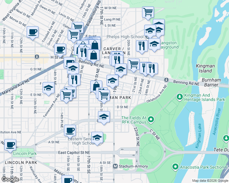 map of restaurants, bars, coffee shops, grocery stores, and more near 101 Independence Avenue Southeast in Washington