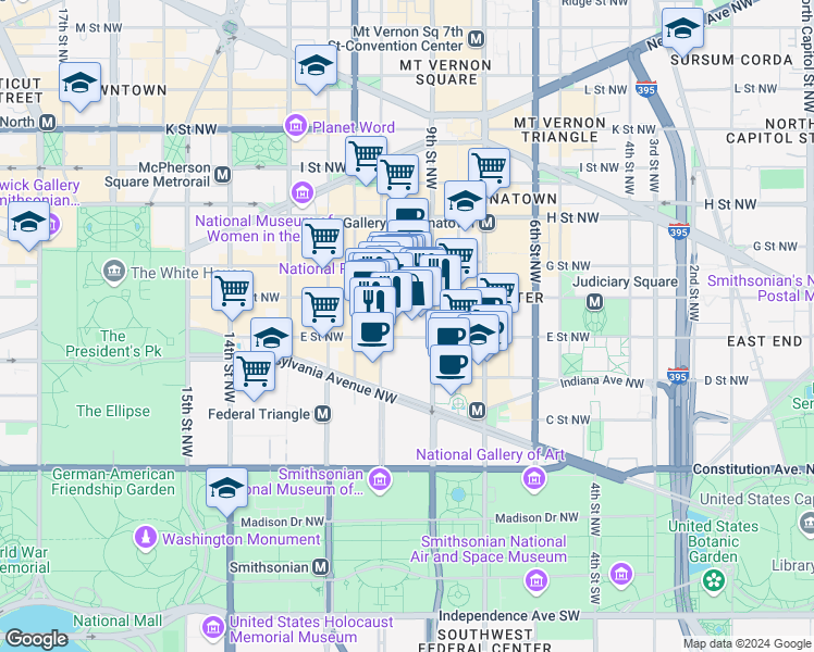 map of restaurants, bars, coffee shops, grocery stores, and more near 101 Independence Avenue Southeast in Washington