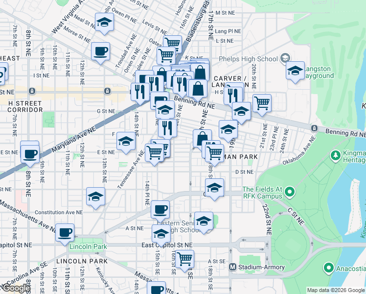 map of restaurants, bars, coffee shops, grocery stores, and more near 1617 F Street Northeast in Washington