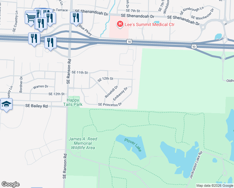map of restaurants, bars, coffee shops, grocery stores, and more near 1724 Embassy Drive in Lee's Summit