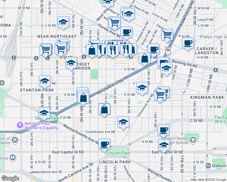 map of restaurants, bars, coffee shops, grocery stores, and more near 510 12th Street Northeast in Washington