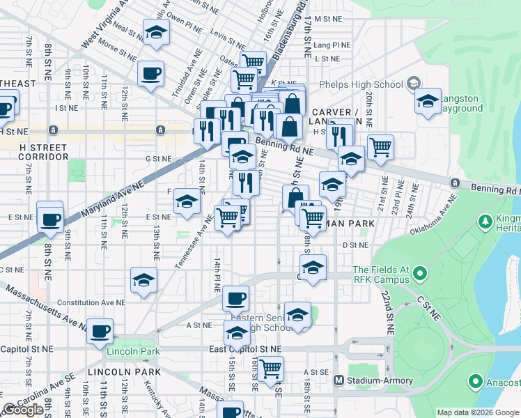 map of restaurants, bars, coffee shops, grocery stores, and more near 101 Independence Avenue Southeast in Washington