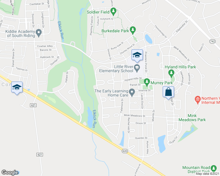 map of restaurants, bars, coffee shops, grocery stores, and more near 43334 Longleaf Street in Chantilly