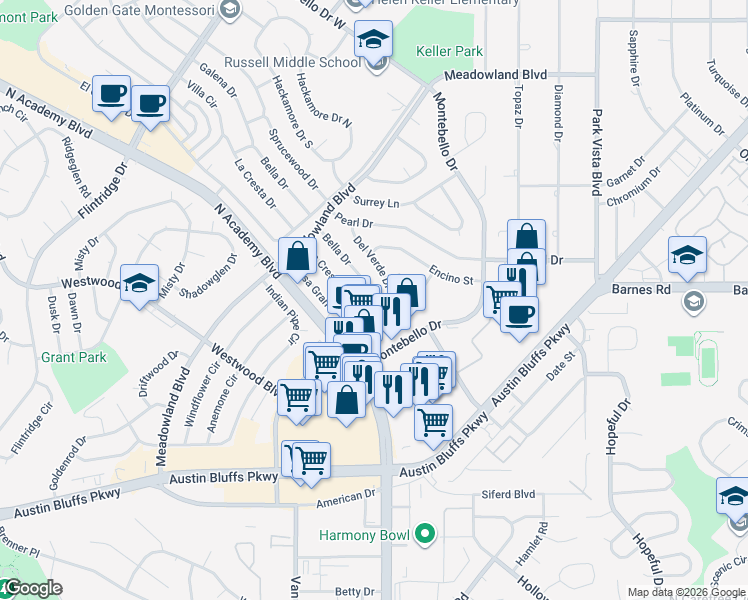 map of restaurants, bars, coffee shops, grocery stores, and more near 3728 Mesa Grande Drive in Colorado Springs