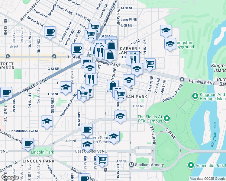 map of restaurants, bars, coffee shops, grocery stores, and more near 101 Independence Avenue Southeast in Washington